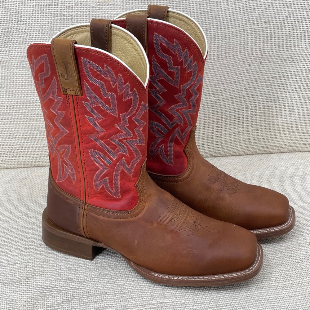 Justin Mens Jackpot Red Leather Square Toe Cowboy Boots FN7011 Size 10EE Wide